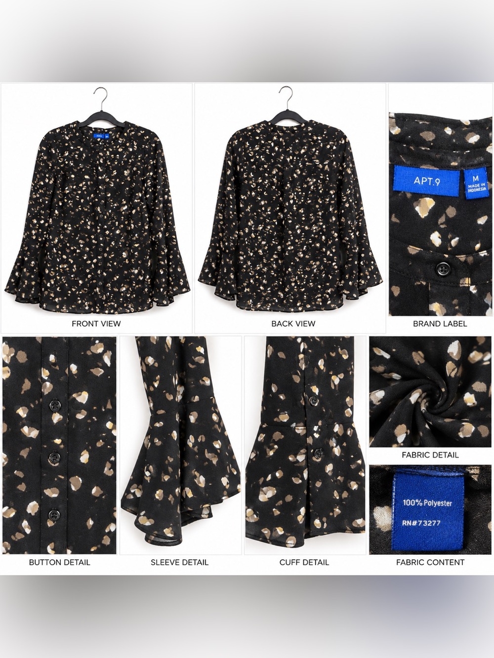 APT. 9 Women’s Medium Black Abstract Print Blouse Bell Sleeve Button Front
